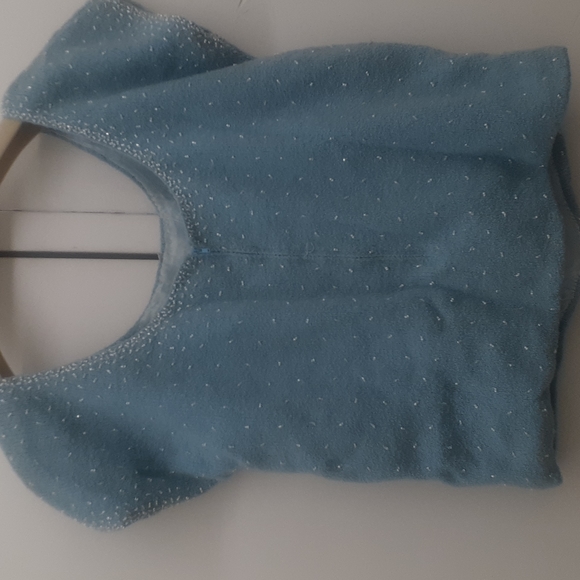 Vintage 1950's/60's BLUE WOOL KNIT Pearl Beaded Sweater Blouse Top - Picture 3 of 10